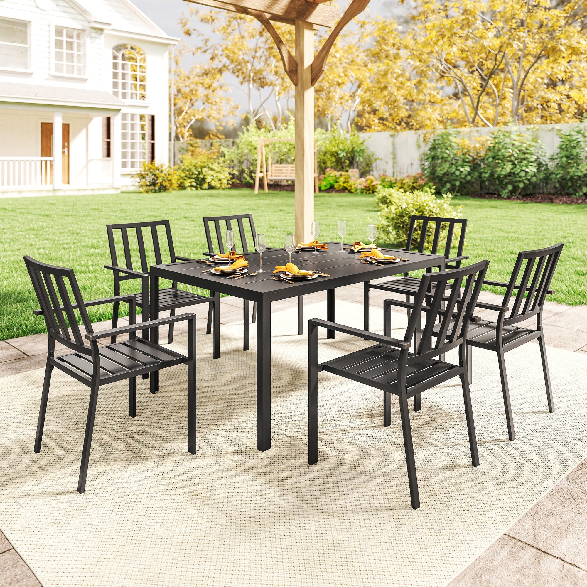 Outsunny 7 Piece Outdoor Garden Dining Set with Metal Table and 6 Stackable Armchairs, Black