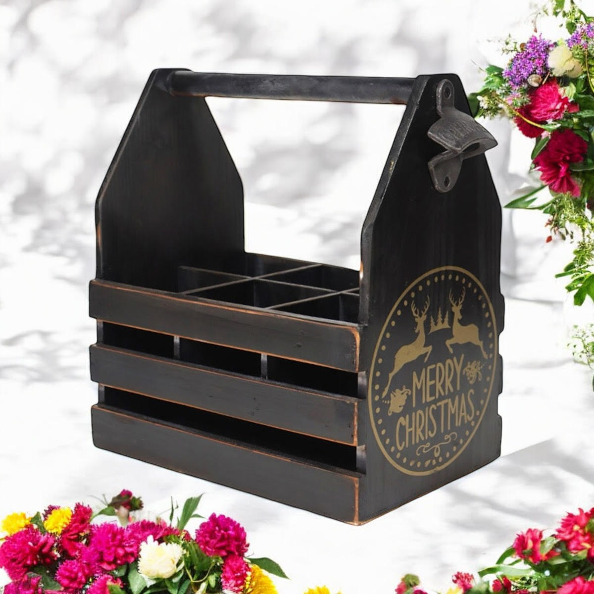 Black Rustic 6 Bottle Holder with Metal Opener, Hand Finished