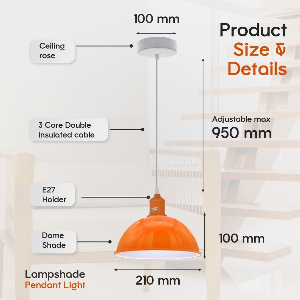 2 Pack Orange Dome Metal Pendant Lamp Shades, Vintage Retro