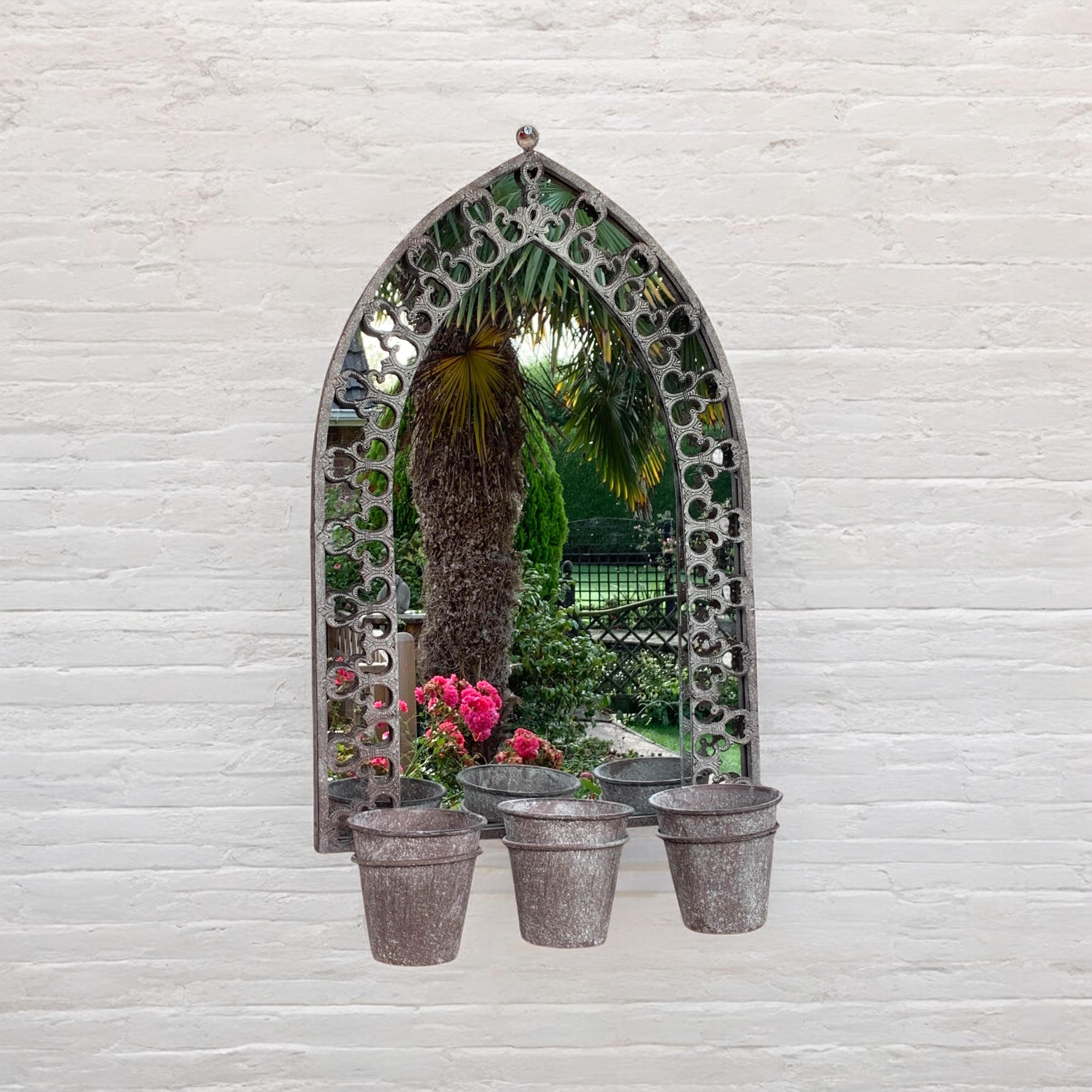 MSL 78cm Rustic Wall Mirror with 3 Planter Holders and Pot