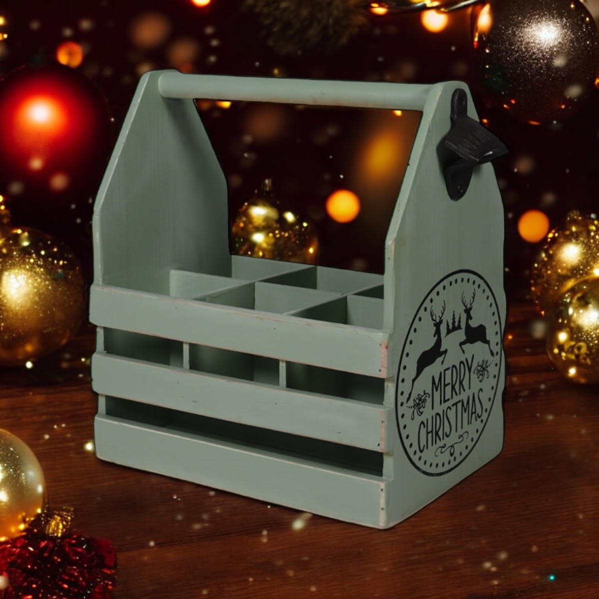 Rustic Green 6-Bottle Holder with Opener Hand Finished Wine Caddy for Beer Lovers