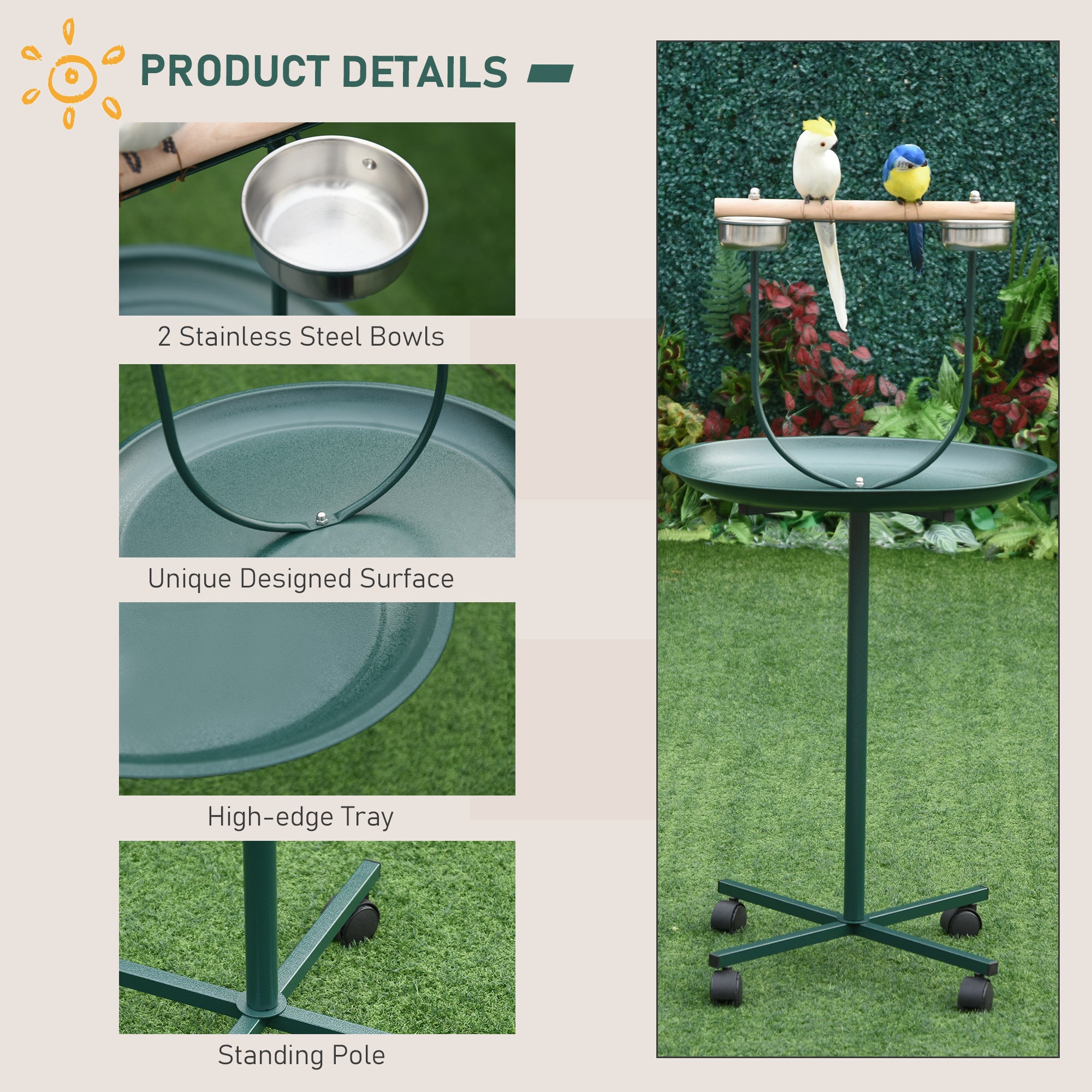 PawHut Bird Perch Stand with Wheels, Tray, 2 Stainless Steel Bowls, and Wood Perch, Green