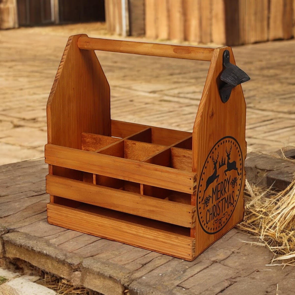 Rustic Hand-Finished Wooden 6 Bottle Holder with Metal Opener