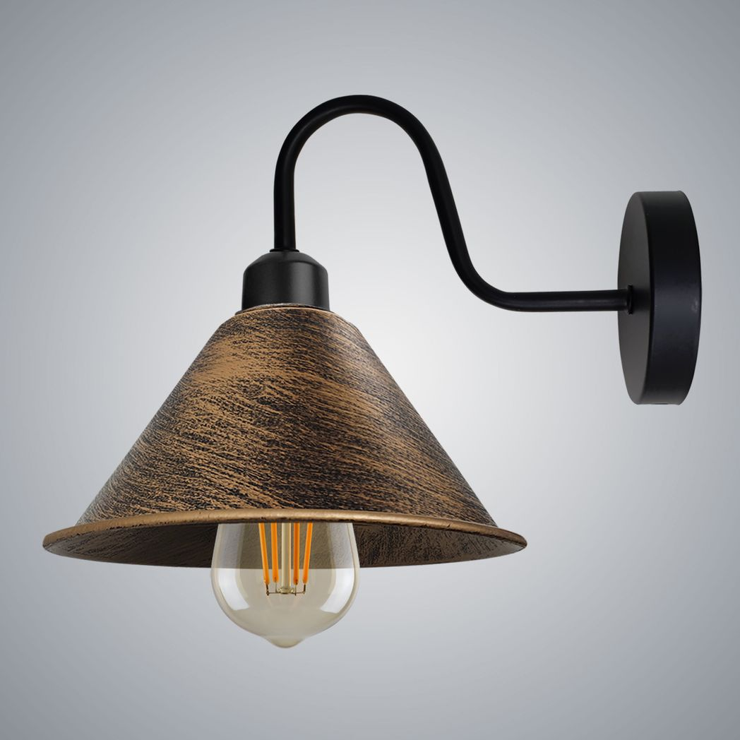 Vintage Brushed Copper Black Swan Neck Wall Sconce, Cone Shade