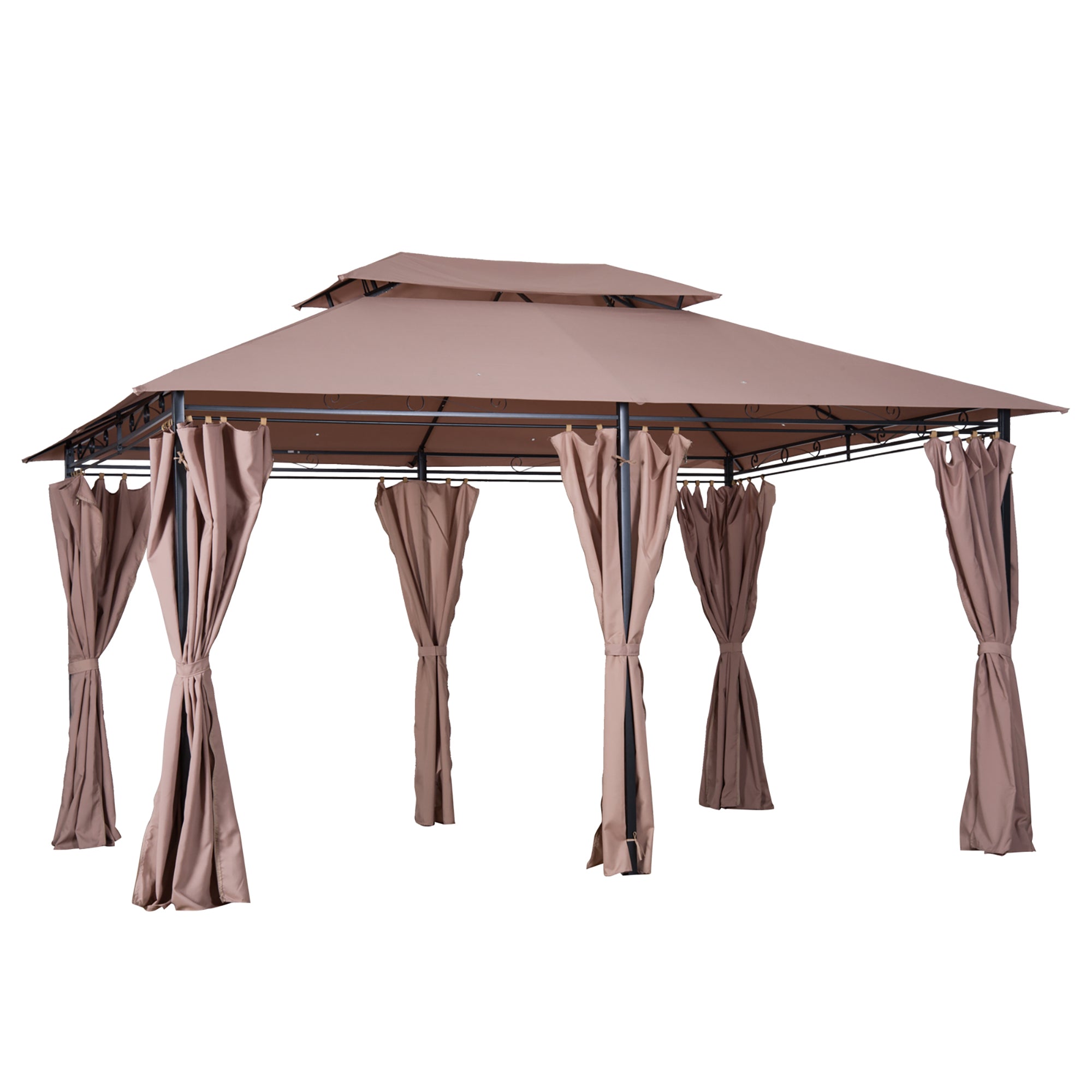 Outsunny 4m x 3m Steel Frame Garden Pavilion Gazebo with Two-Tier Roof and Curtains Khaki