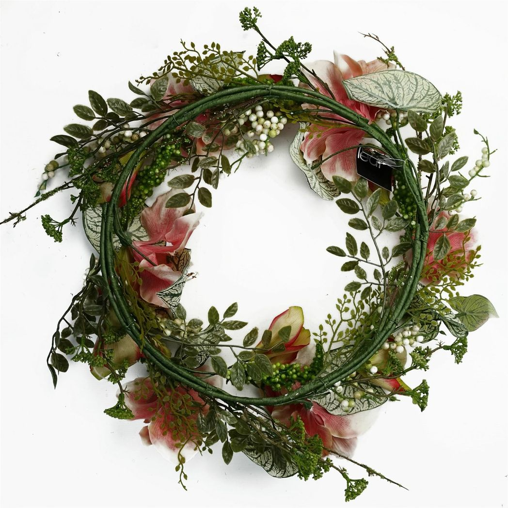 Leaf 60cm Artificial Pink Blossom Flower Wreath, Large Luxury Floristry Wreath for Doors