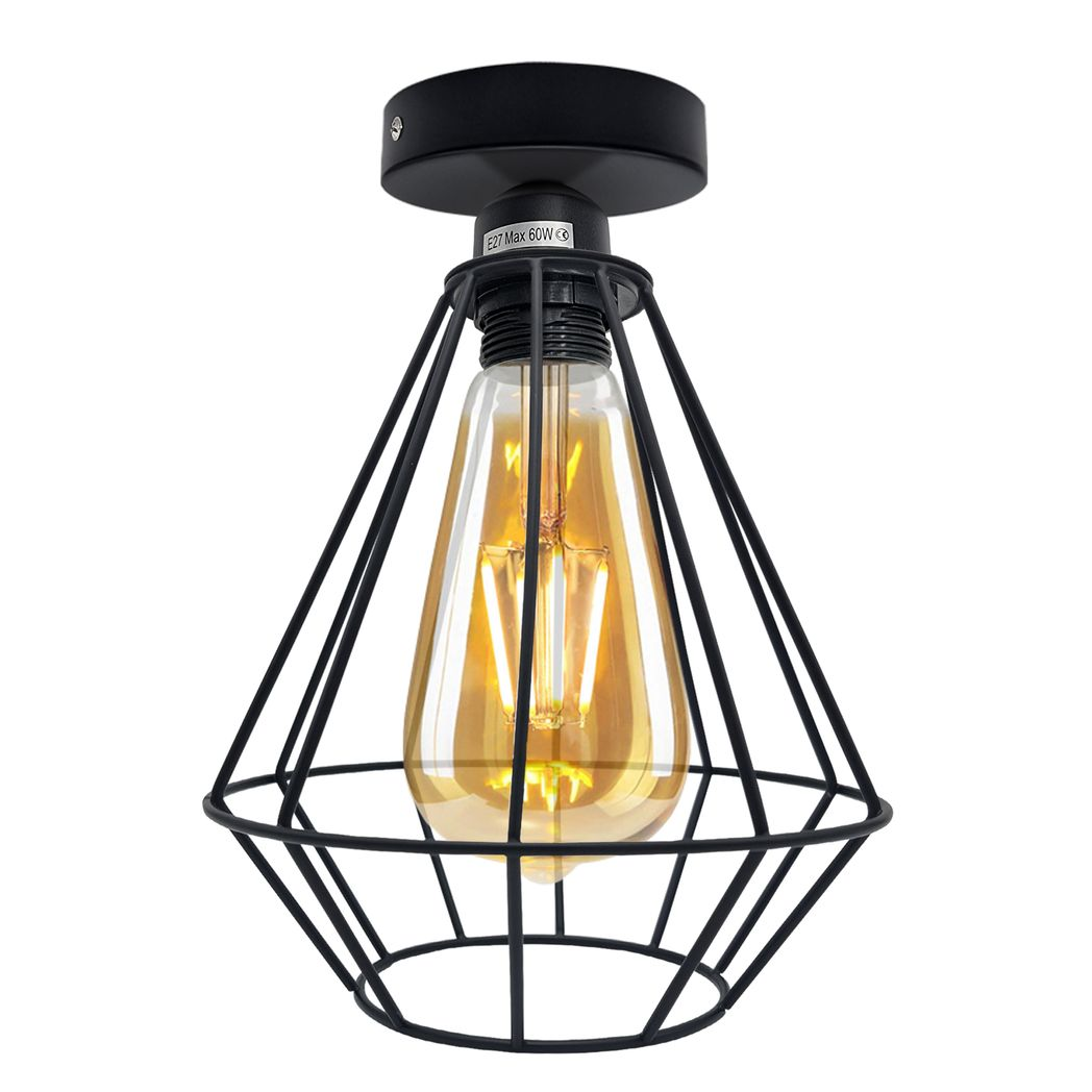 Vintage Industrial Geometric Wire Cage Ceiling Light with Metal Ceiling Rose, E27 Holder