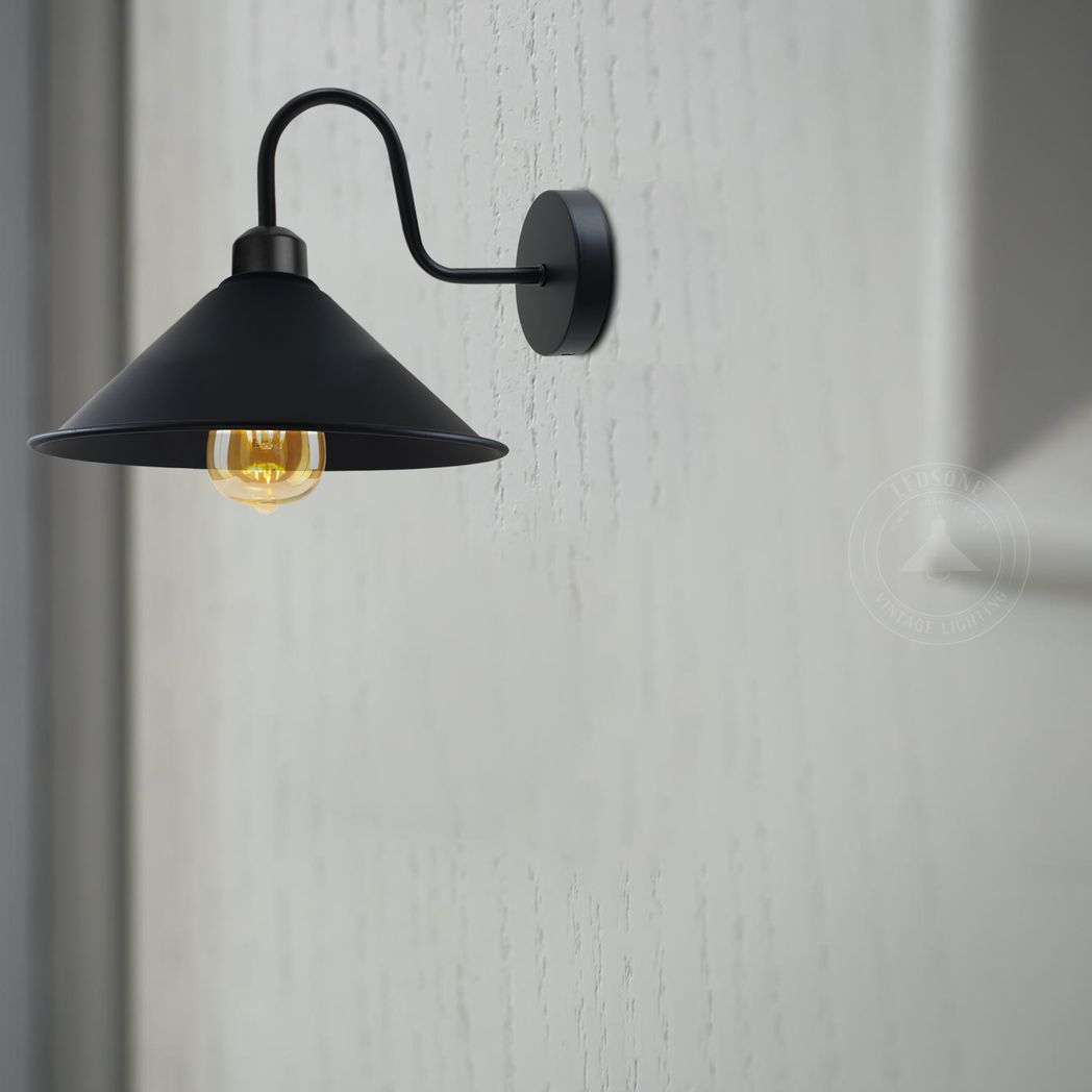 Black Vintage Wall Sconce, E27 Base, Swan Neck, Cone Shade