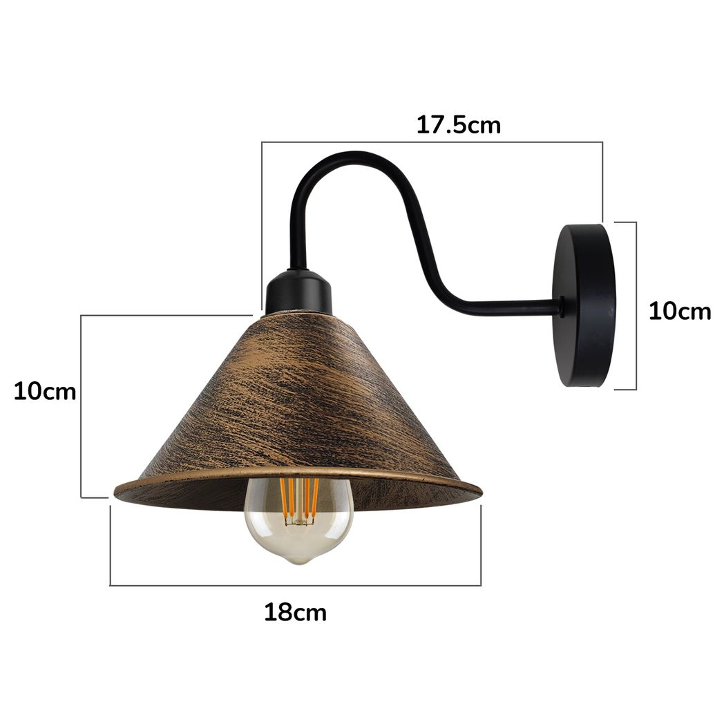 Vintage Brushed Copper Wall Sconce, Black Cone Shade, E27 Base