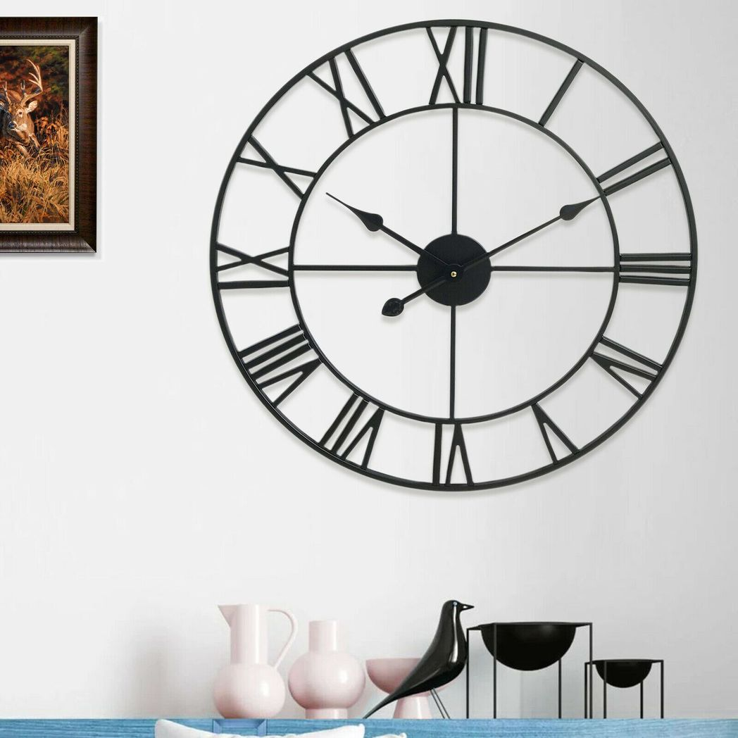 Large 60cm Black Roman Metal Skeleton Wall Clock