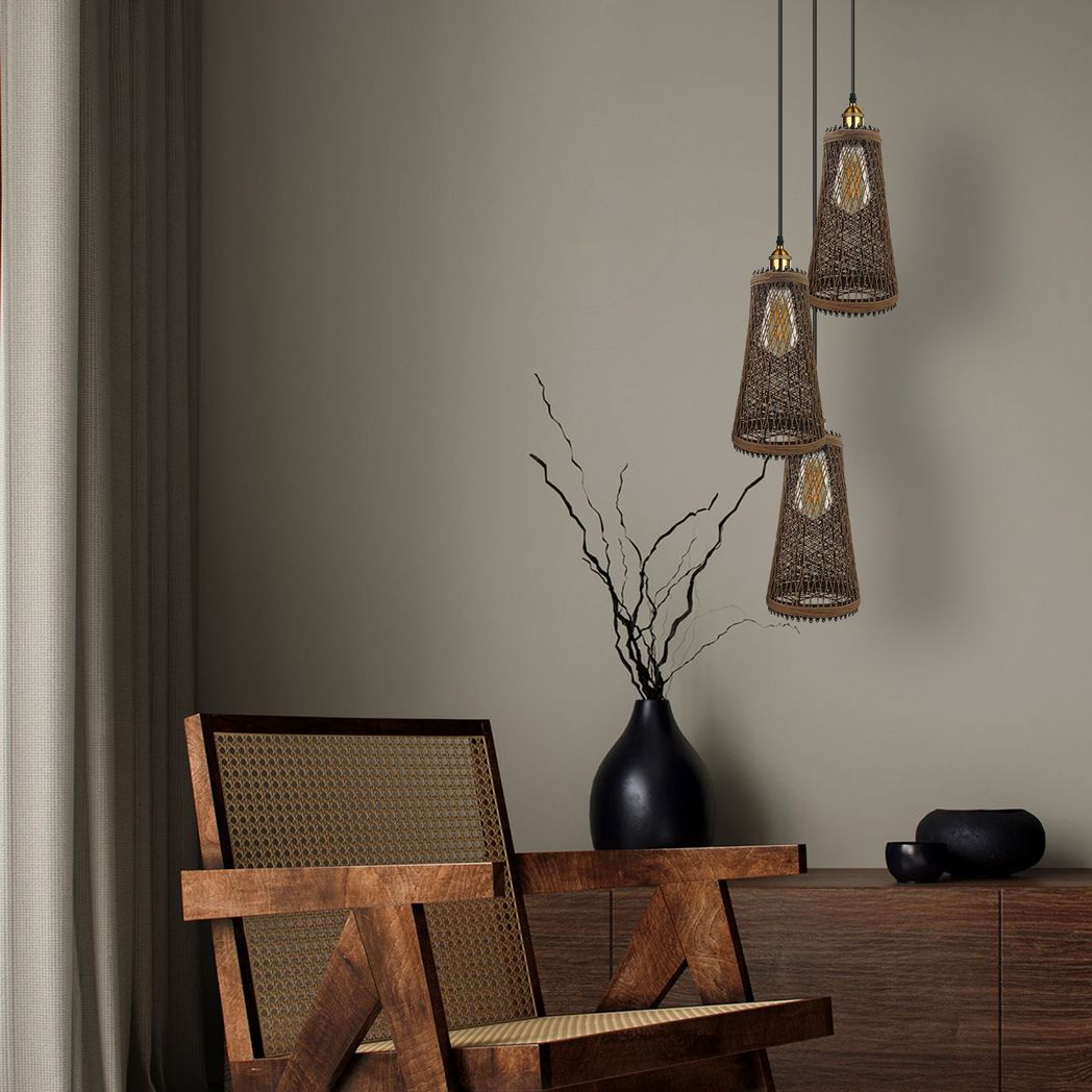 3 Head Natural Wicker Basket Style Retro Industrial Vintage Rattan Ceiling Pendant