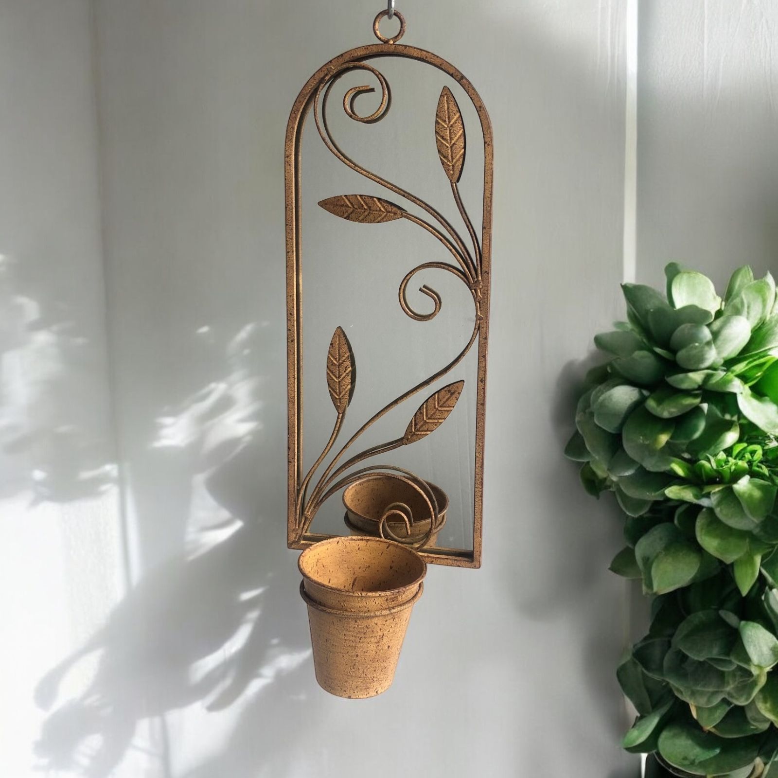MSL 56cm Antique Finish Metal Wall Mirror with Plant Holder and Pot