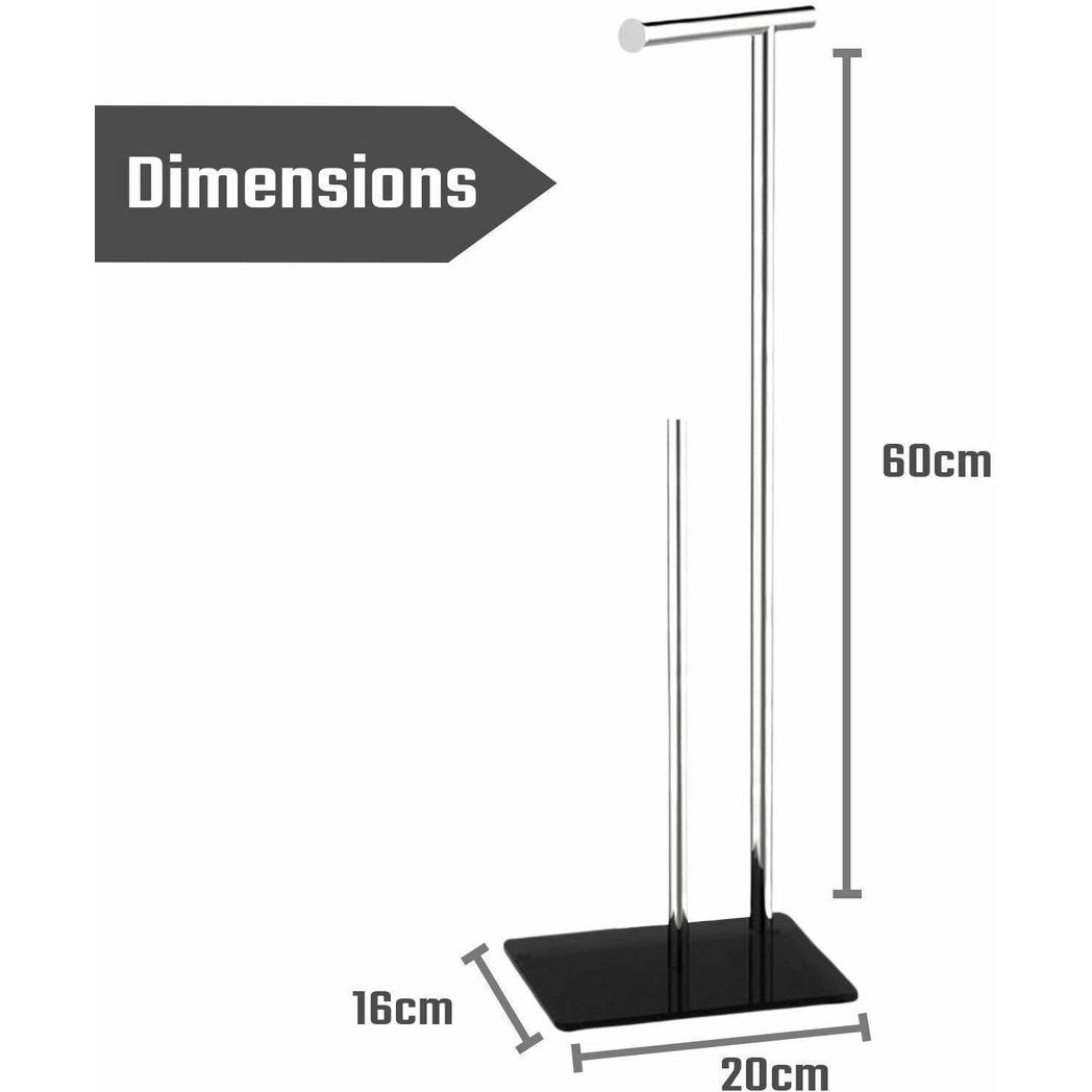 Free-Standing Stainless Steel Toilet Roll Holder and Storage Stand with Black Tempered Glass Base
