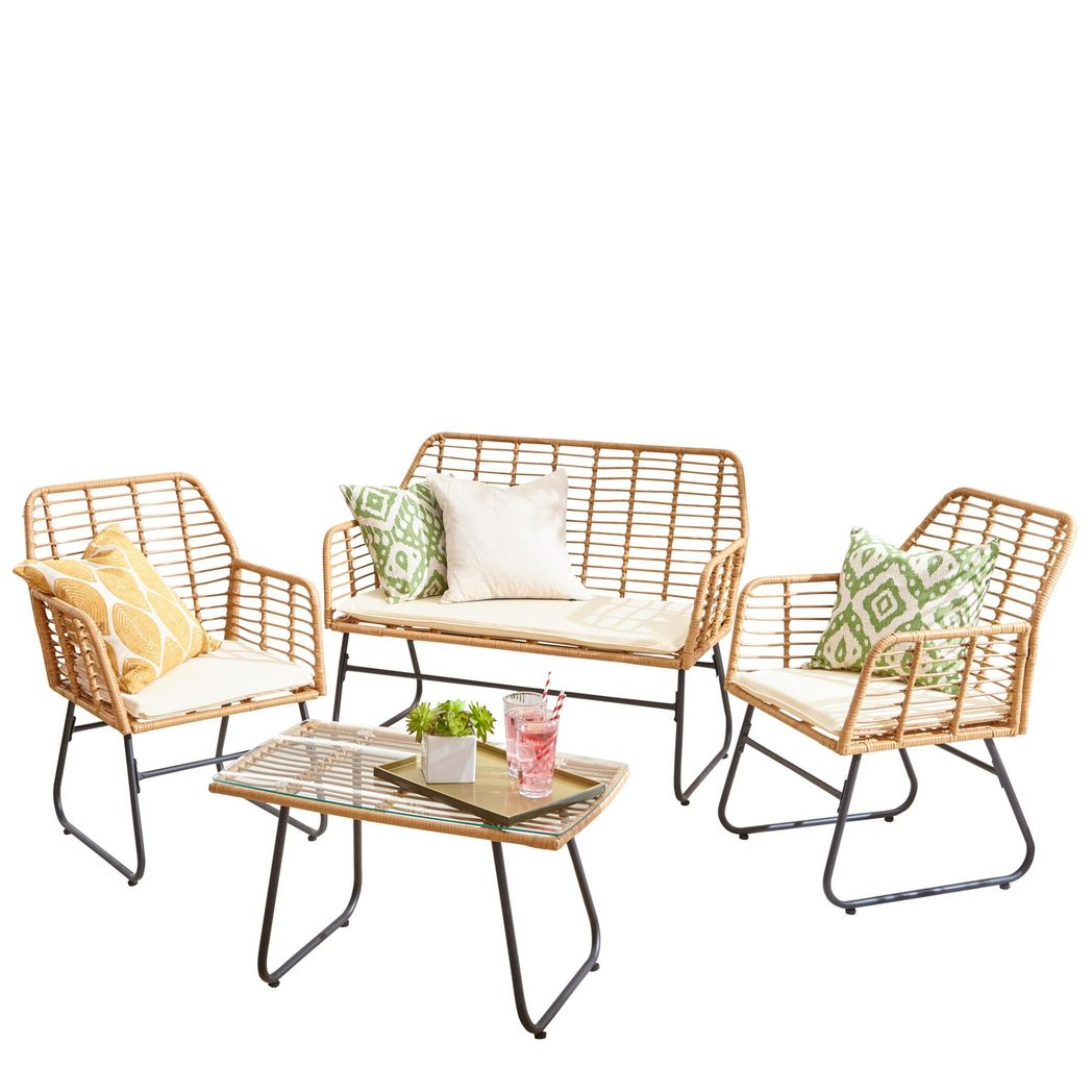 Neo 4 Piece Rattan Garden Sofa Set with Glass Table and Cushions