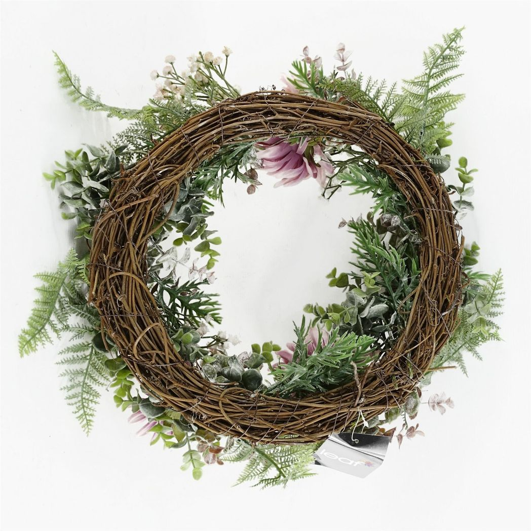Leaf 45cm Artificial Pink Blossom Wreath on Natural Woven Base