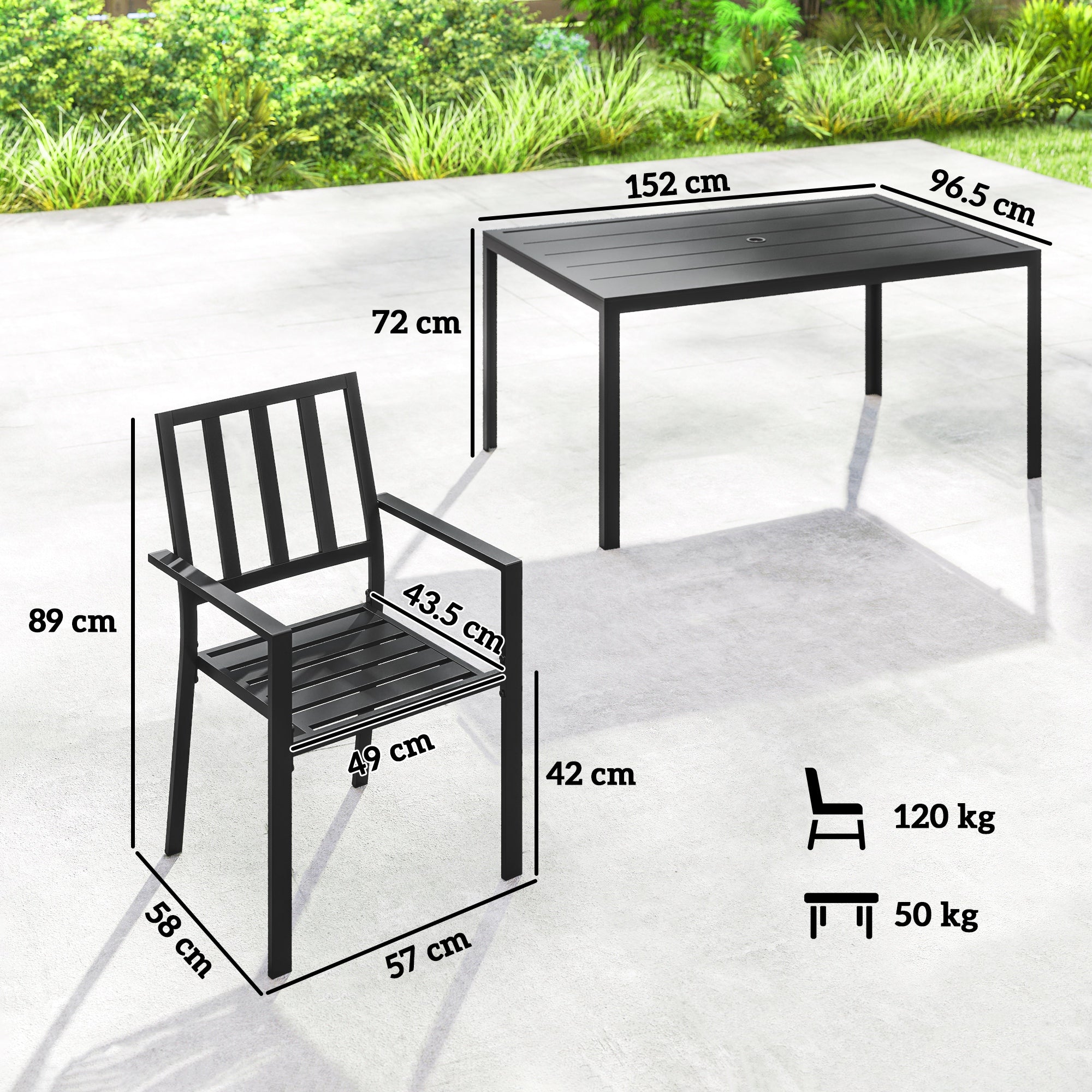 Outsunny 7 Piece Outdoor Garden Dining Set with Metal Table and 6 Stackable Armchairs, Black