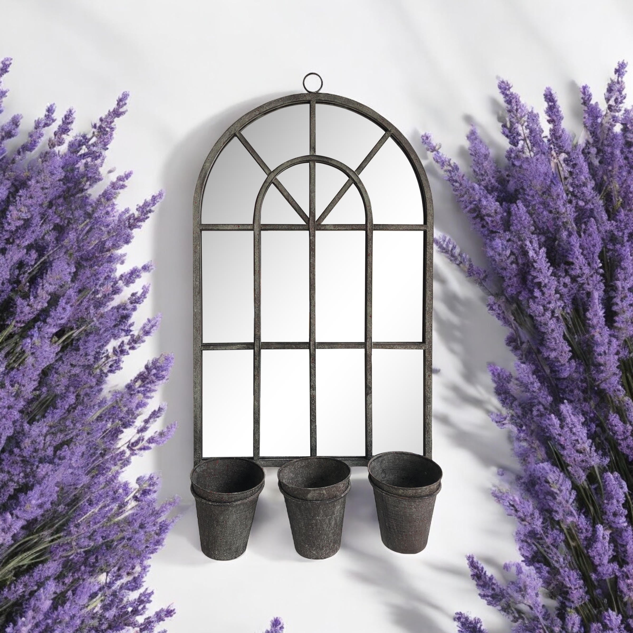 78cm Rusty Wall Mirror with Triple Planter Holders and Pots