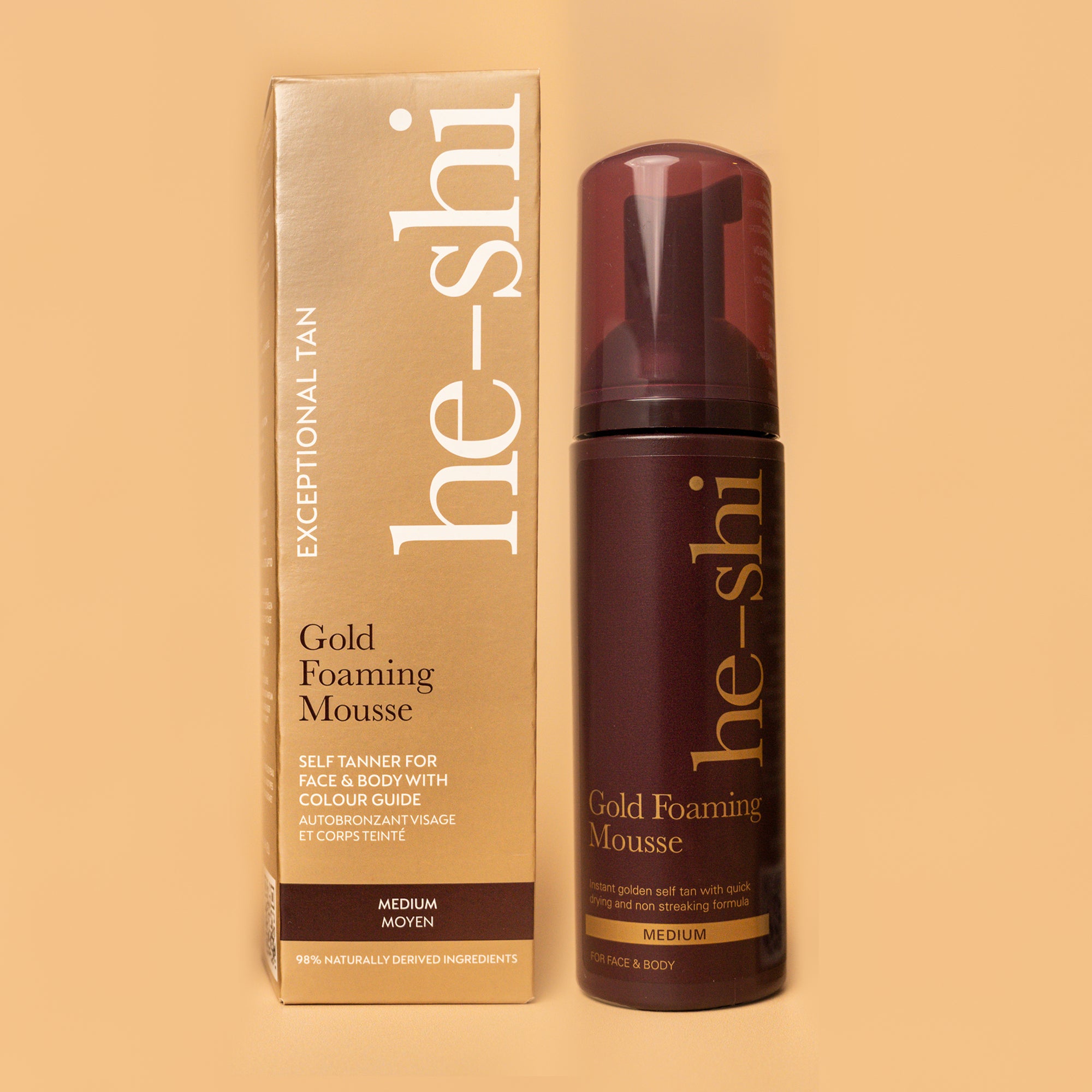 He-Shi Gold Foaming Mousse Medium Self Tan Quick Dry Easy to Apply Vegan & Cruelty Free