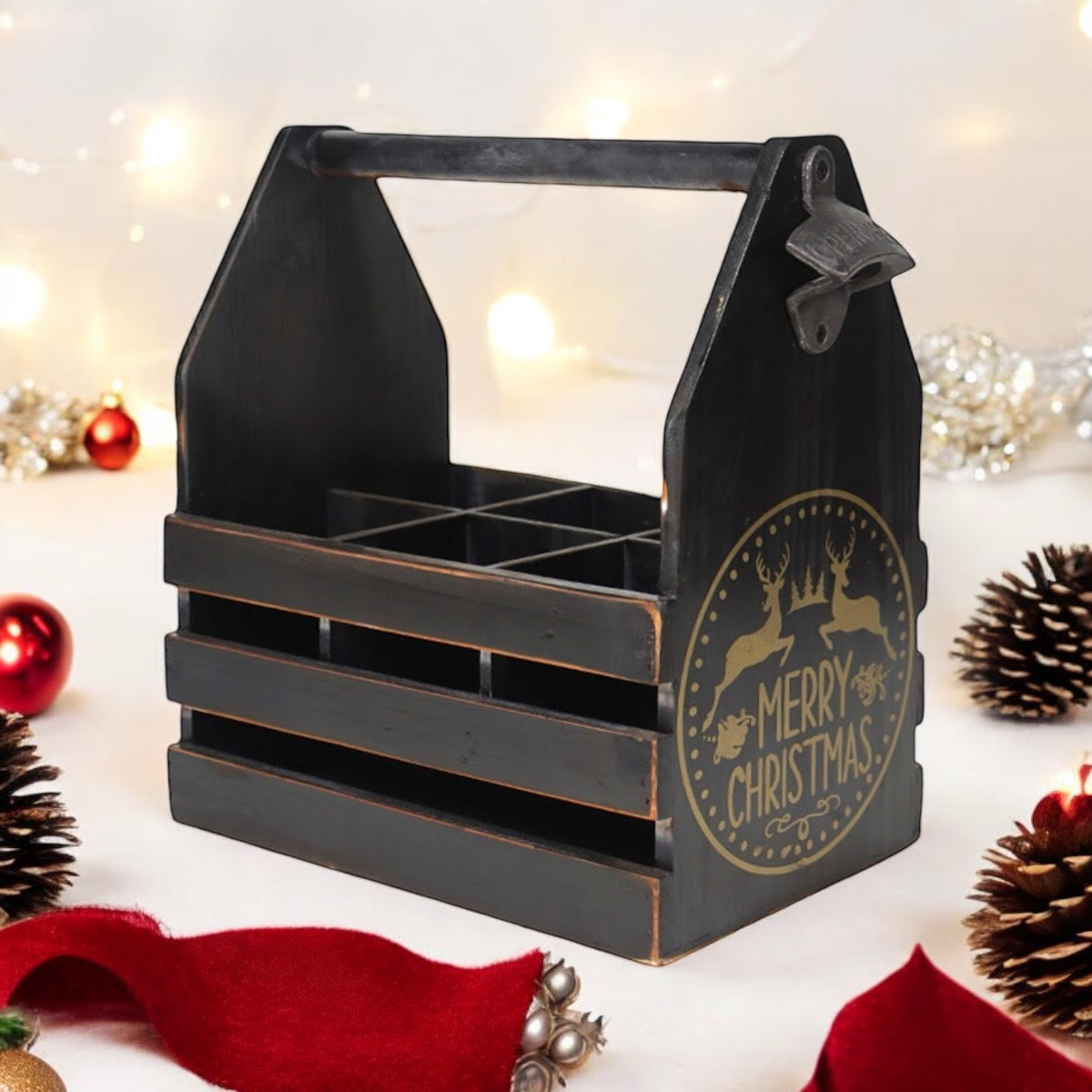 Black Rustic 6 Bottle Holder with Metal Opener, Hand Finished