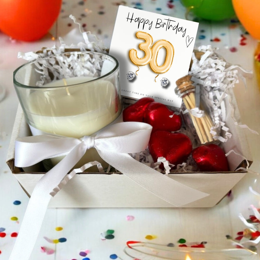 Small 30th Birthday Gold Balloons Gift Hamper with Cubic Zirconia Earrings, Fresh Linen Candle and Chocolate Hearts
