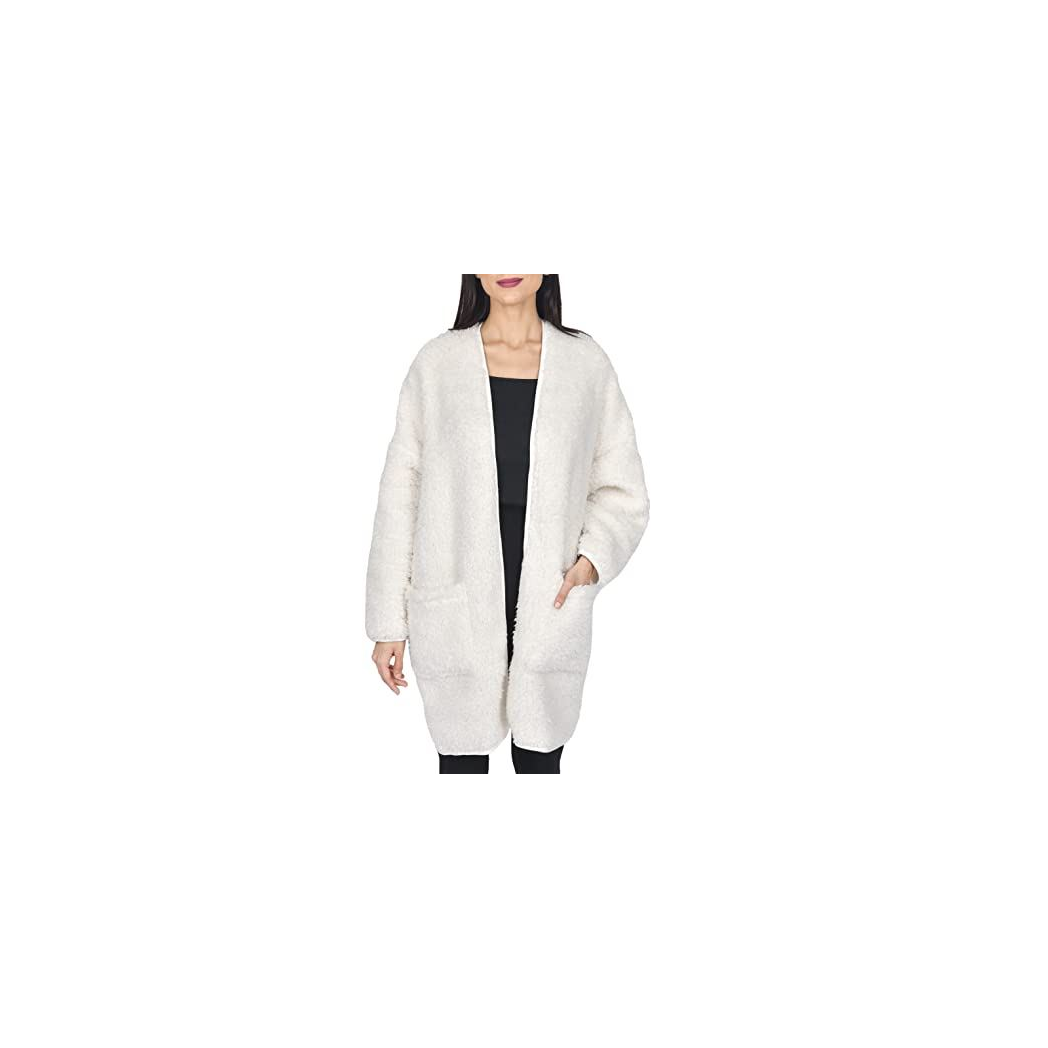 Sleepdown Ladies Borg House Coat with Rib Placket, Open Front Relaxed Fit Sherpa Fleece, Patch Pockets