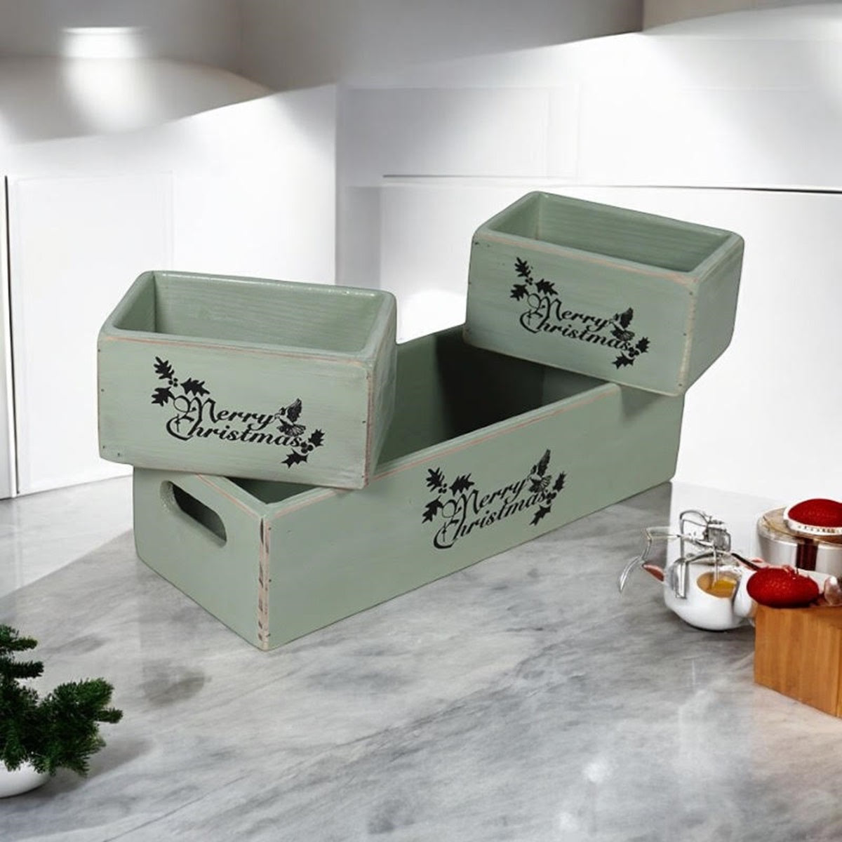 Set of 3 Rustic Green Wooden Christmas Boxes, 34/15/15CM, Hand Finished, Ready to Fill