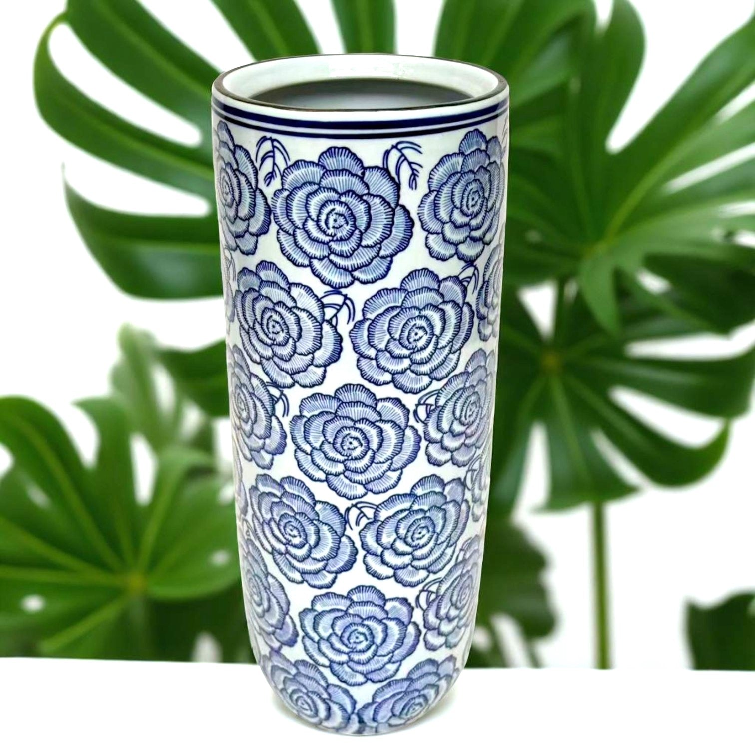 MSL 18 Inch Umbrella Stand with Blue Flowers, Traditional Glazed Vase for Flowers and Branches