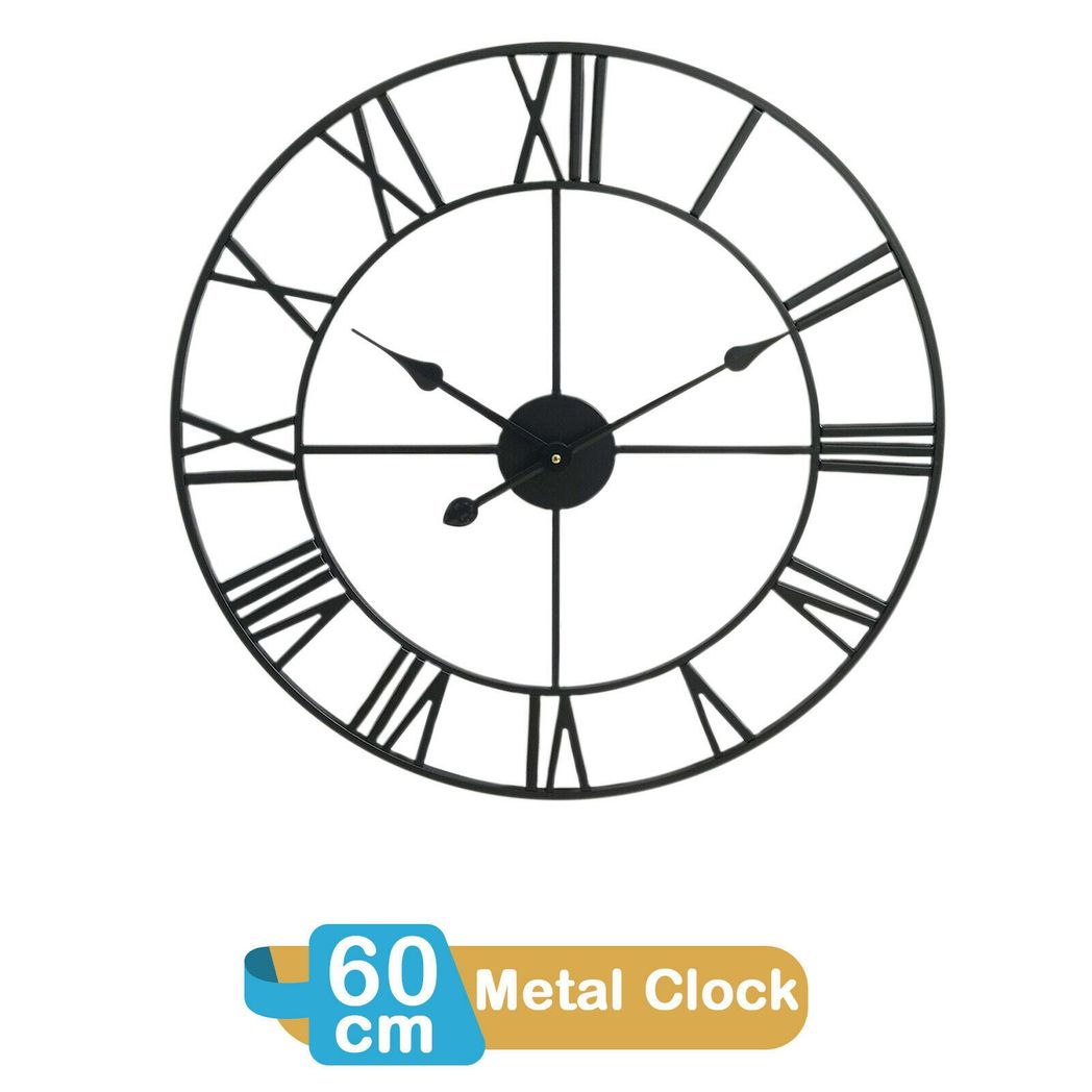 Large 60cm Black Roman Metal Skeleton Wall Clock