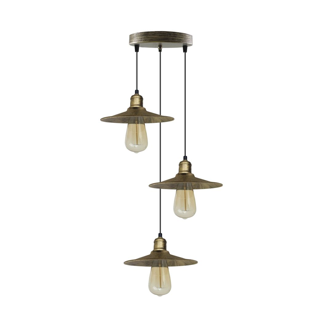 3 Head Vintage Industrial Brushed Brass Ceiling Pendant Easy Fit Light Metal 22cm Ceiling Lighting Shade