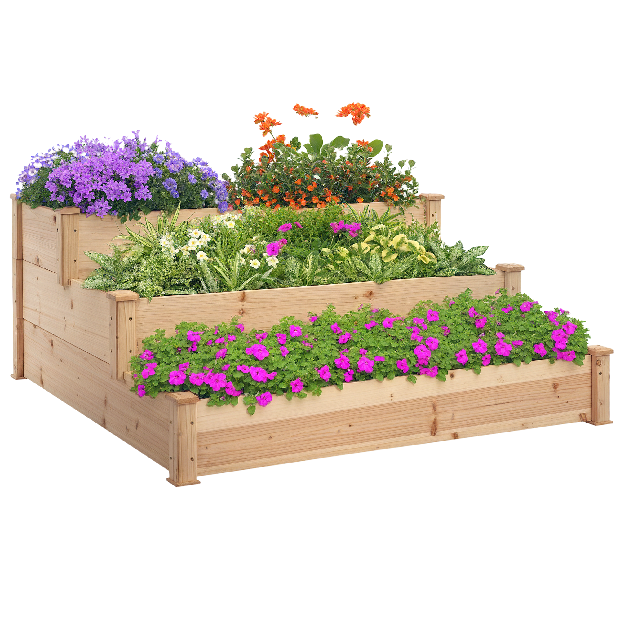 Outsunny Wooden 3-Tier Raised Planter Bed, 124x124x56cm