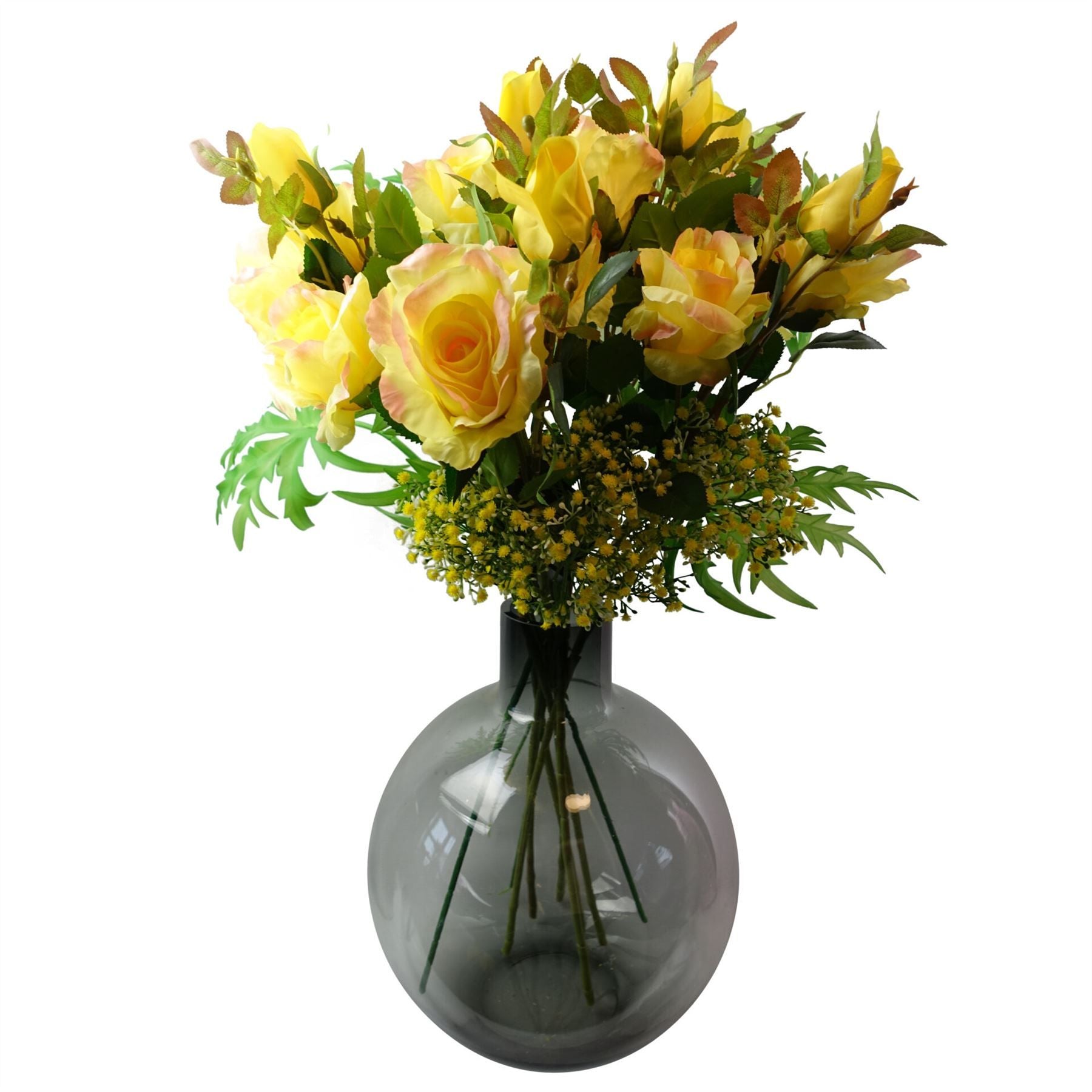 Leaf 80cm Artificial Yellow Silk Rose Stem with 2 Flowers and Bud
