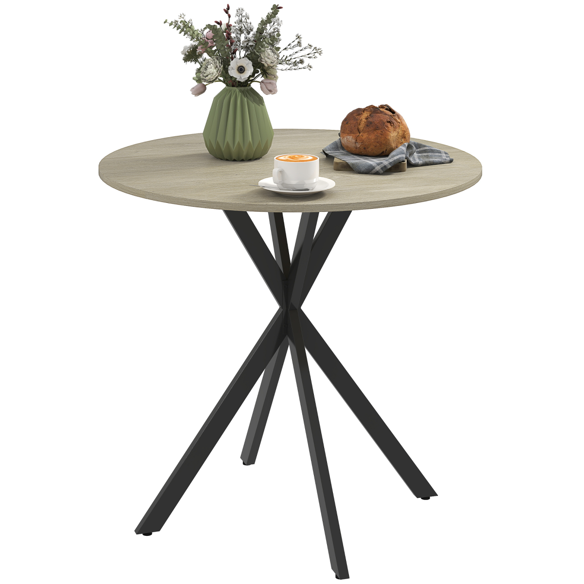 HOMCOM 80cm Round Dining Table, White Oak Effect with Steel Legs