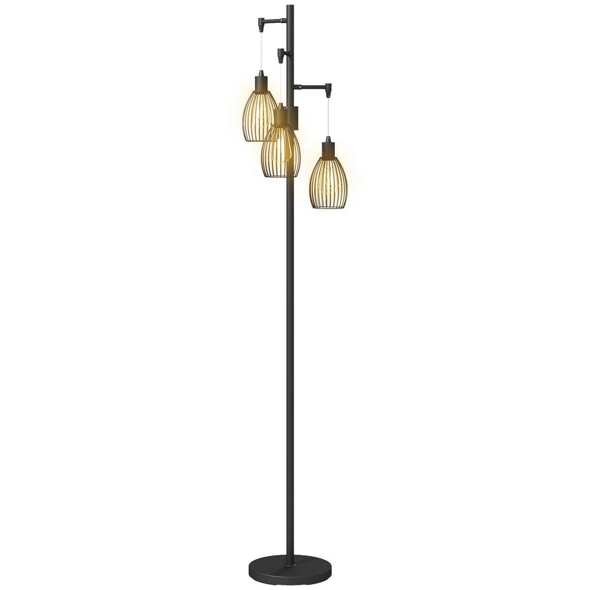 HOMCOM Industrial 3-Light Dimmable Floor Lamp, Black, 2700K