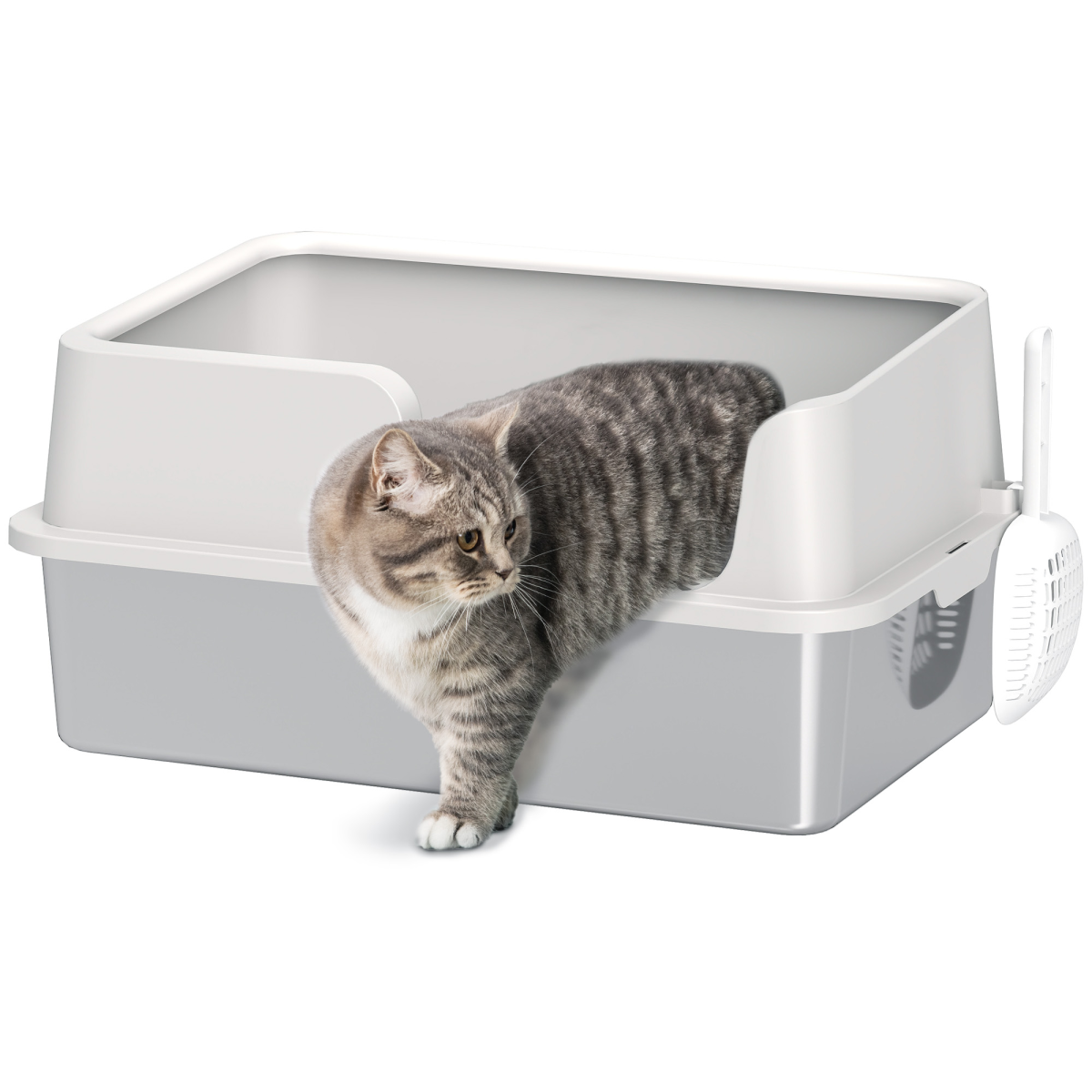 PawHut High-Sided Stainless Steel Cat Litter Tray with Scoop