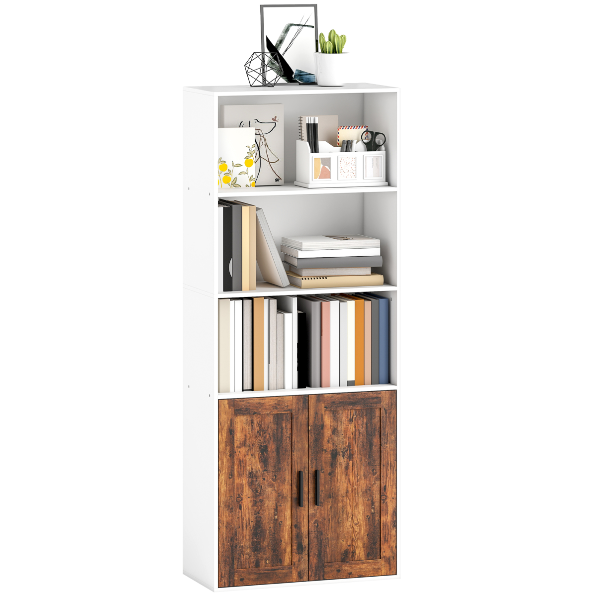 HOMCOM Tall 5-Tier Bookcase with Adjustable Shelf & Cupboard, Rustic Brown