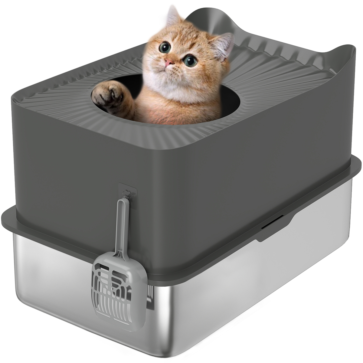 PawHut Stainless Steel Enclosed Cat Litter Box with Scoop, Dark Grey