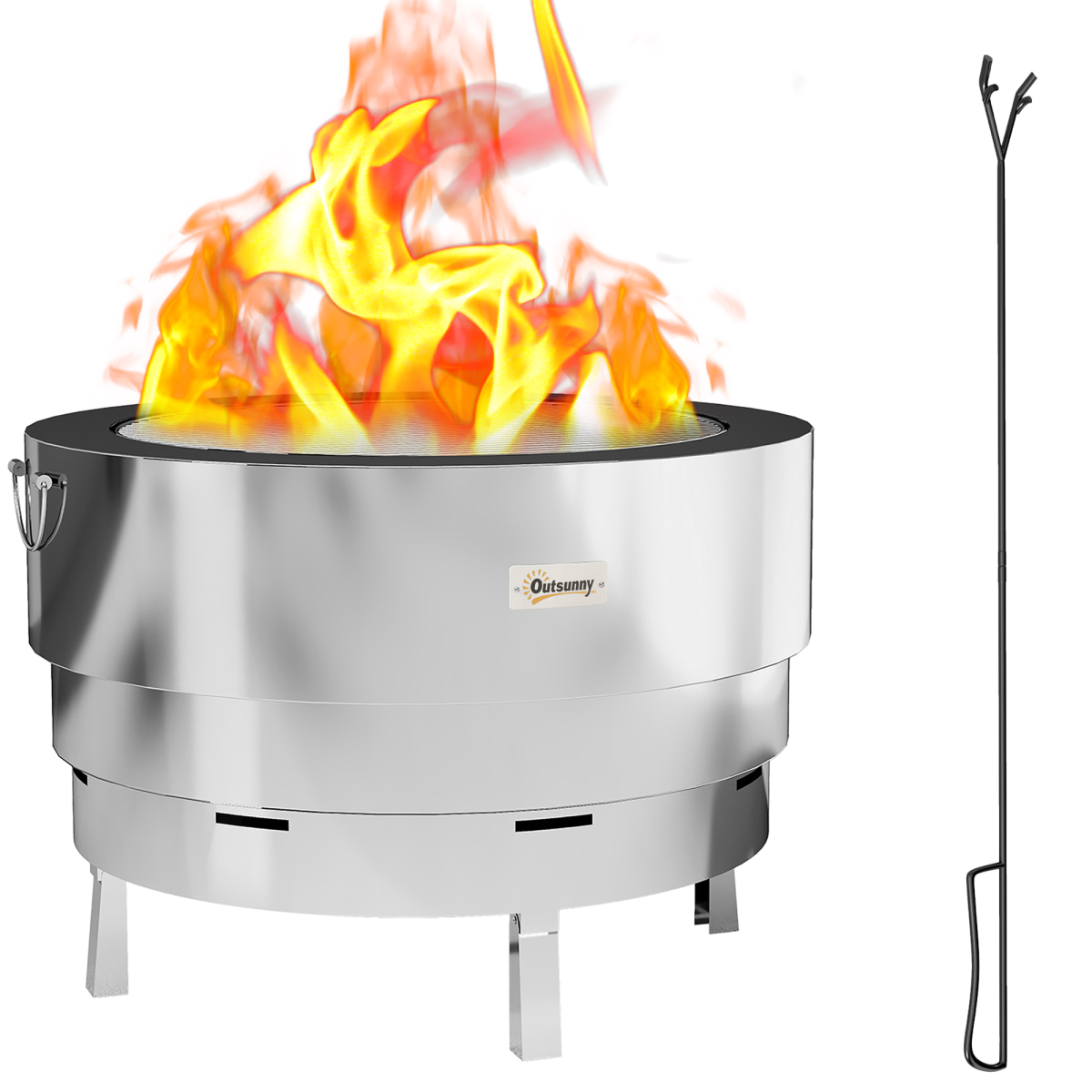 Outsunny Stainless Steel Round Fire Pit with Grill Net, Silver