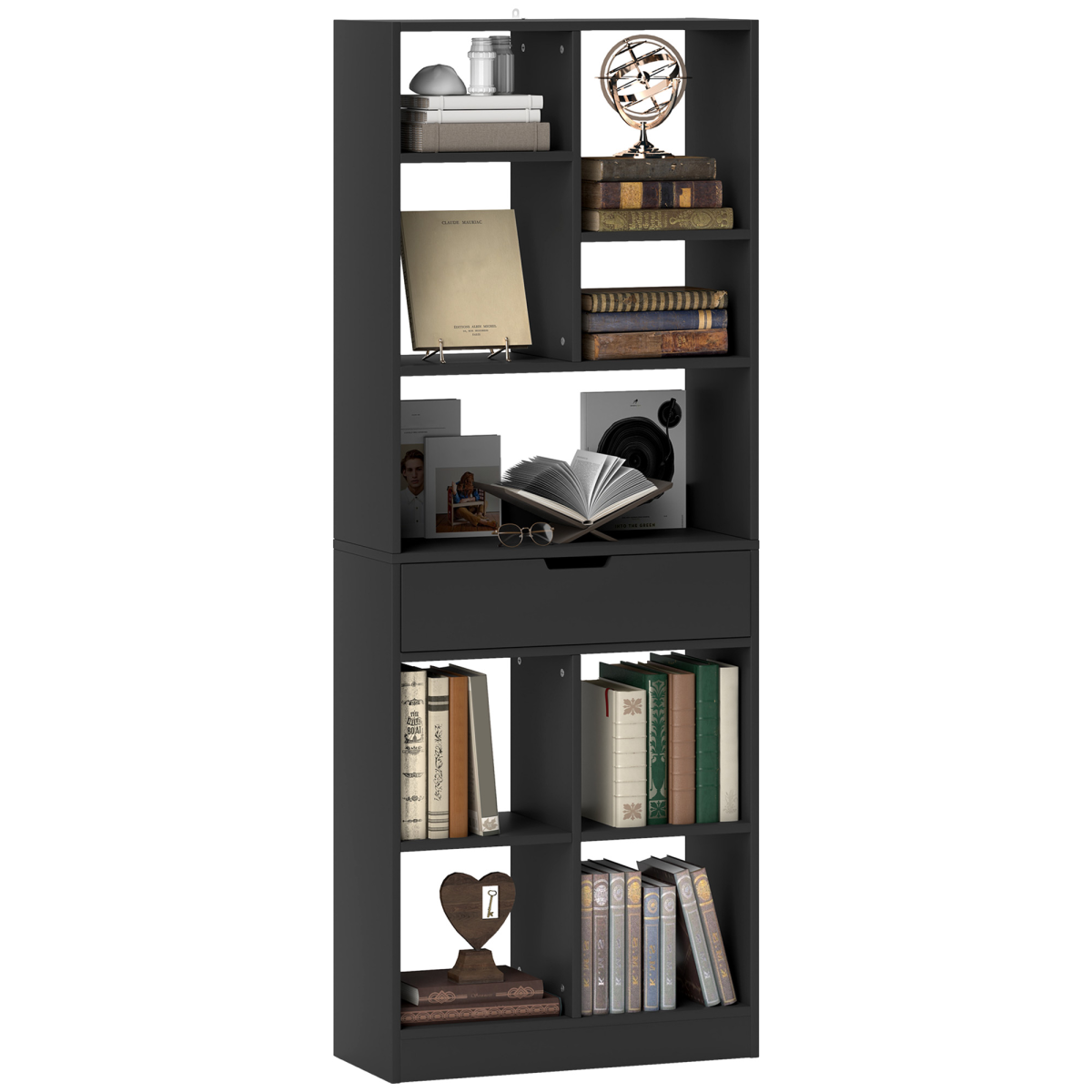 HOMCOM Freestanding Black Bookcase Display Shelf with Drawer, 9 Compartments