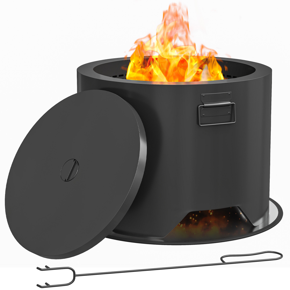 Outsunny Outdoor Round Wood Burning Fire Pit with Lid and Poker, Black