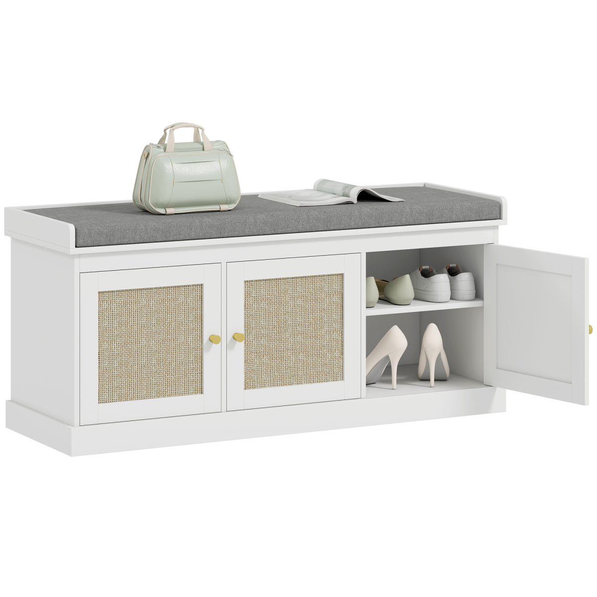 HOMCOM Shoe Storage Bench with Rattan Doors and Cushion