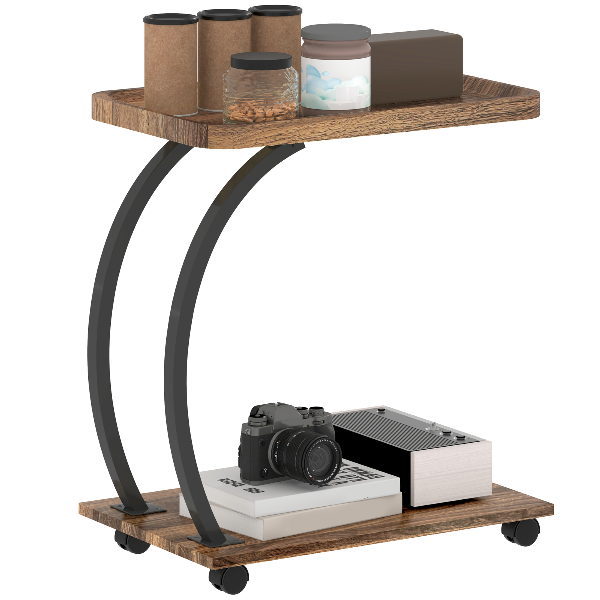 HOMCOM C-Shaped 2-Tier Side Table with Storage and Wheels, Brown