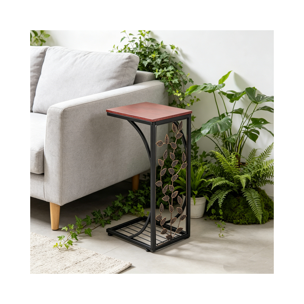 【Same Code:84356574】54*30.5*21CM Leaf Pattern Iron Side Table Coffee Table Brown