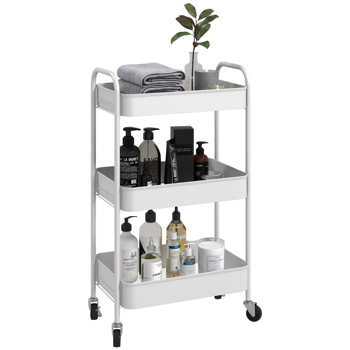 HOMCOM 3-Tier Rolling Utility Cart with Mesh Baskets, White