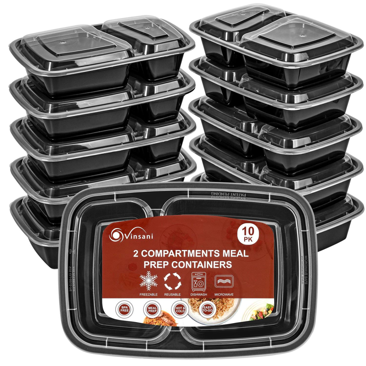 Vinsani 30 Pack 2 Compartment Meal Prep Containers, 30 oz, BPA-Free, Microwave, Freezer and Dishwasher Safe