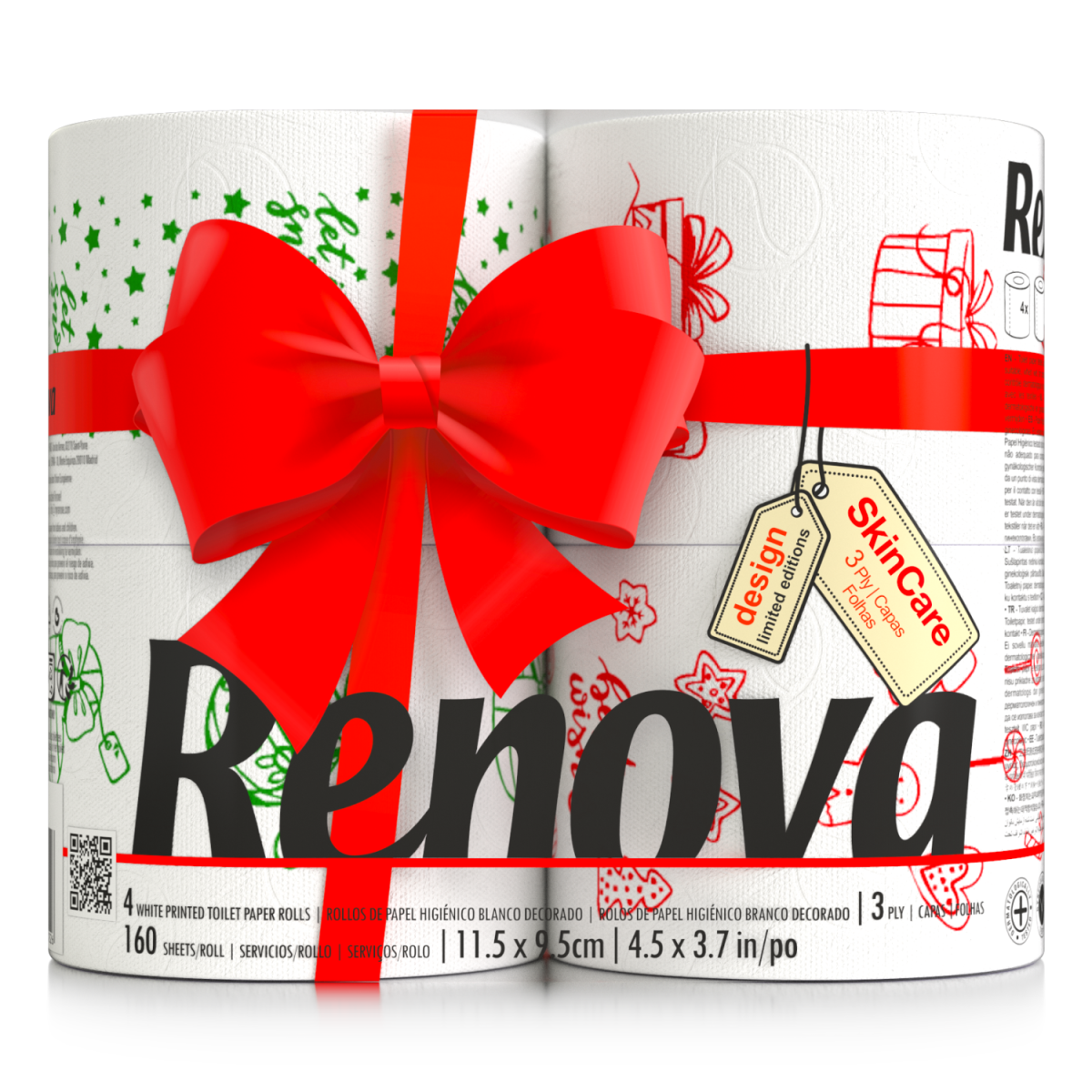 Renova Christmas Toilet Rolls 4 Pack, Festive Design, 160 Sheets per Roll