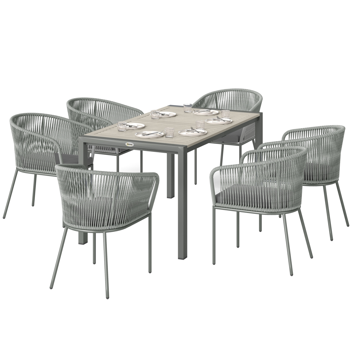 Outsunny 6-Seater Grey Rattan Dining Set with Acacia Wood Table and Cushions
