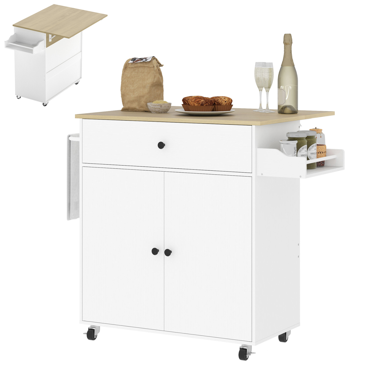 HOMCOM Rolling Kitchen Island with Drop Leaf, Storage Trolley, White