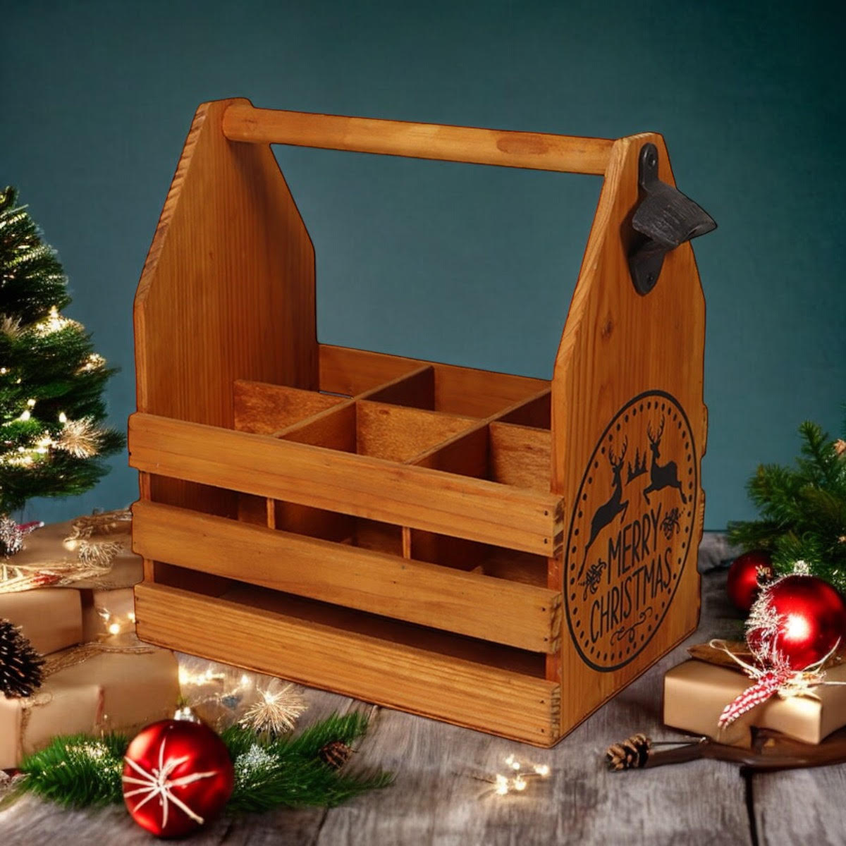 Rustic Hand-Finished Wooden 6 Bottle Holder with Metal Opener
