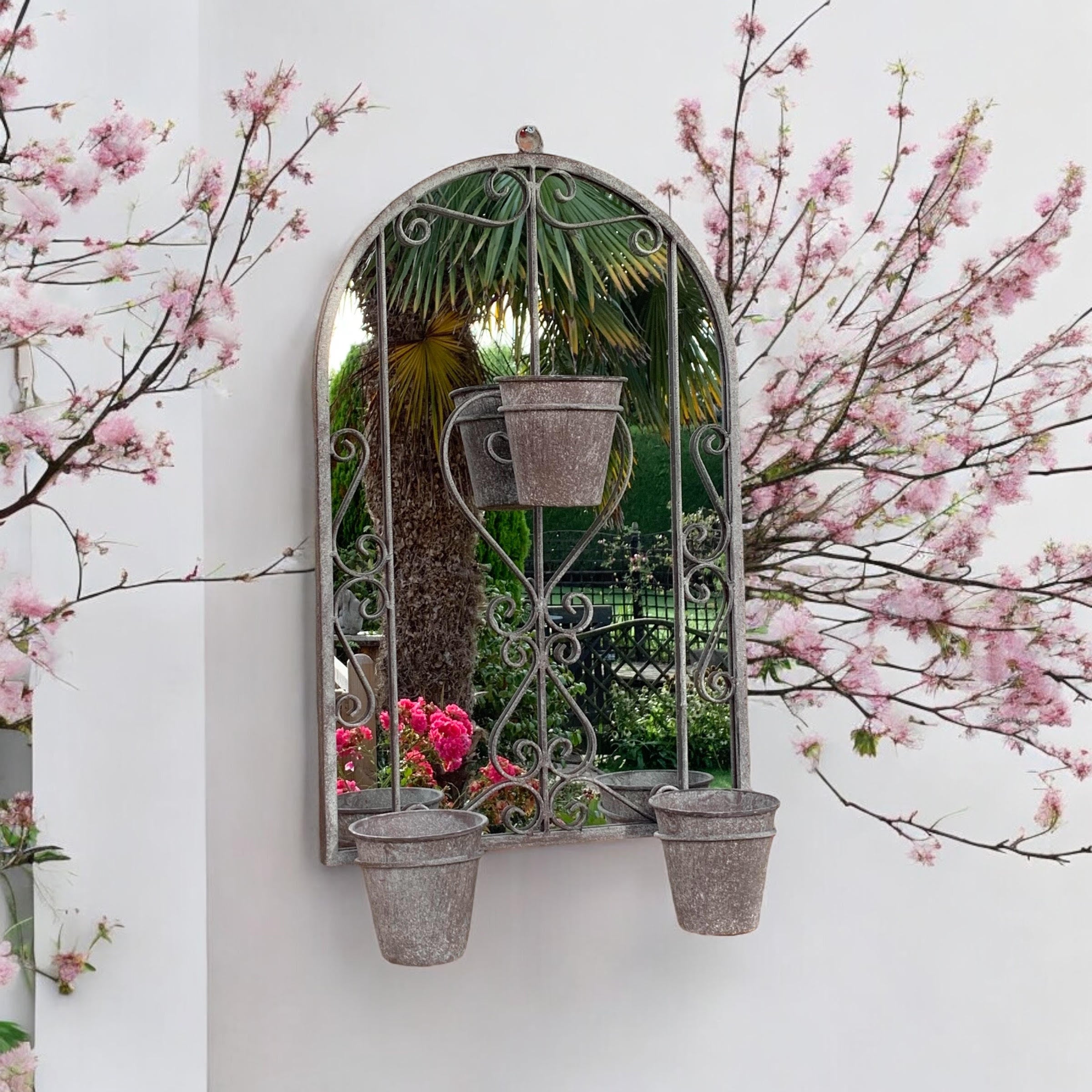 80cm Antique Finish Metal Wall Mirror with 3 Planter Holders and Pot