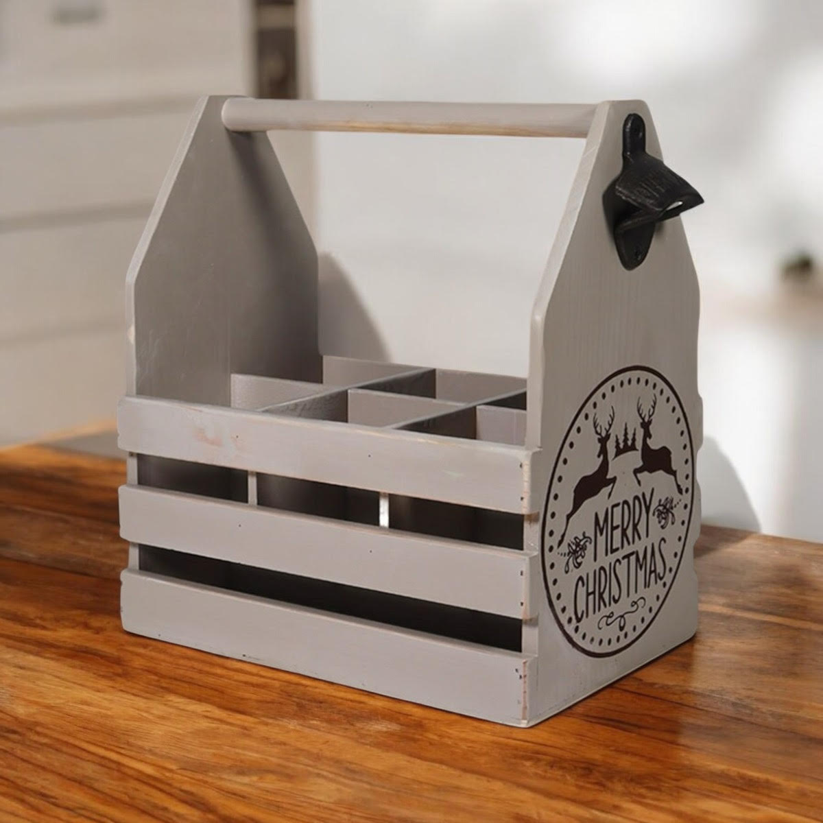Rustic Grey 6-Bottle Holder with Opener, Hand Finished